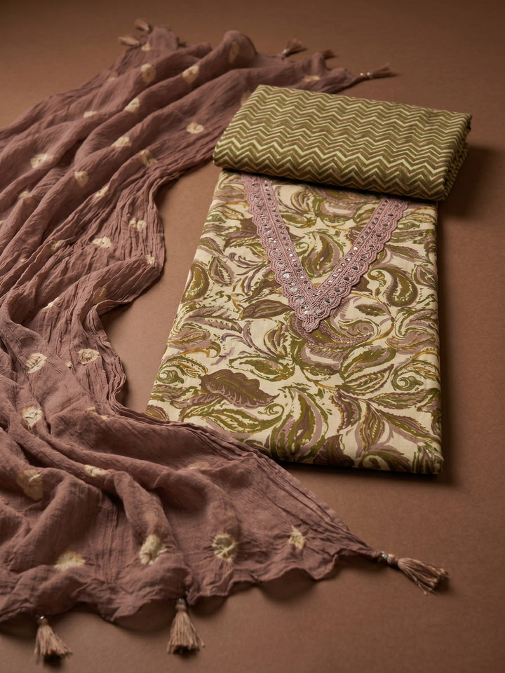 Brown Printed Cotton Blend Unstitched Suit &amp; Pant With Cotton Dupatta