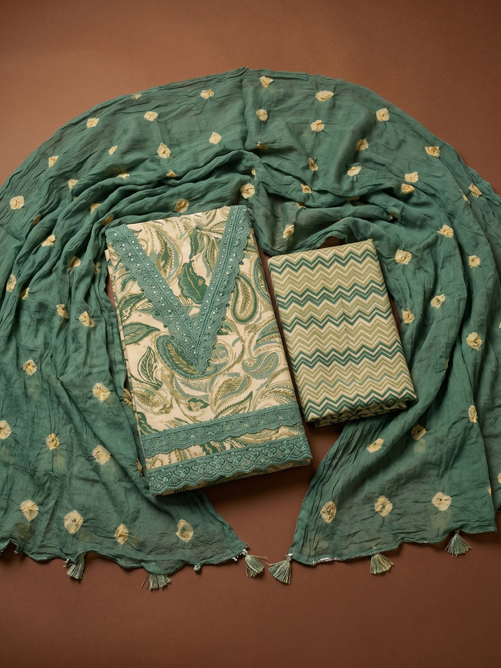 Green Printed Cotton Blend Unstitched Suit &amp; Pant With Cotton Dupatta