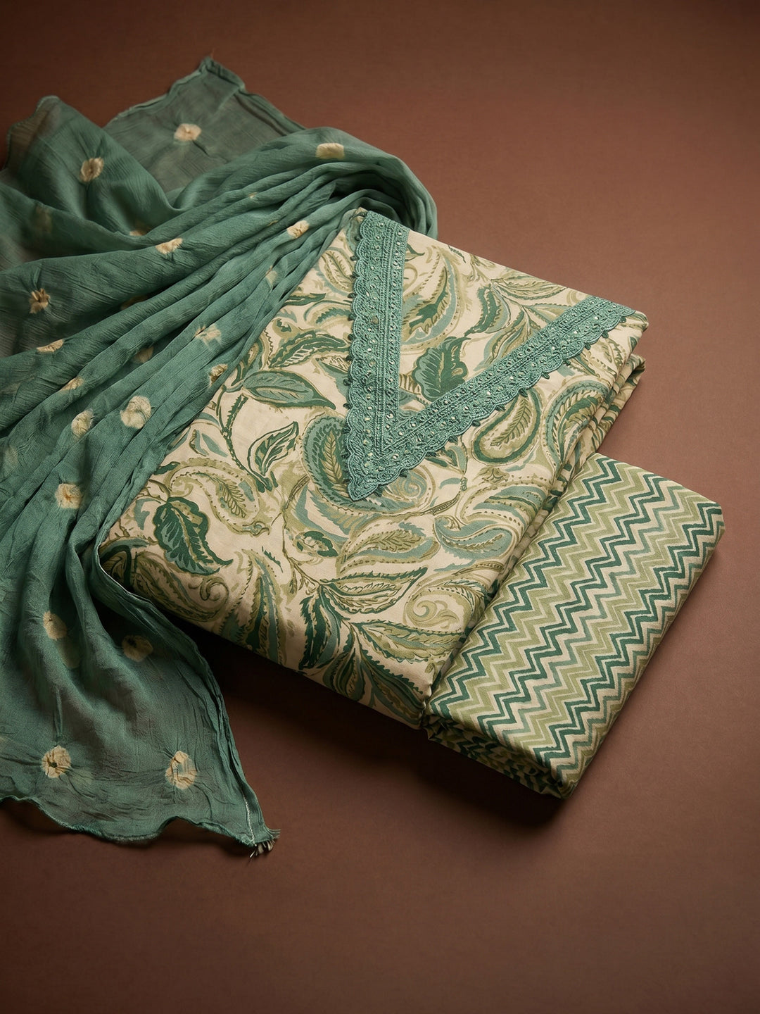 Green Printed Cotton Blend Unstitched Suit &amp; Pant With Cotton Dupatta