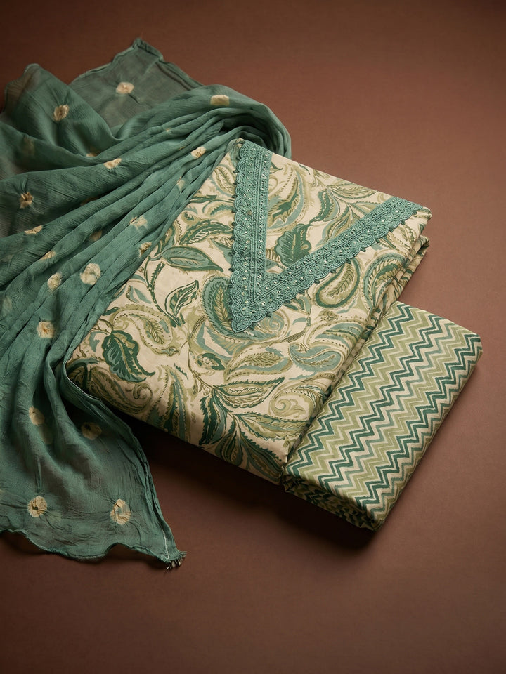 Green Printed Cotton Blend Unstitched Suit &amp; Pant With Cotton Dupatta