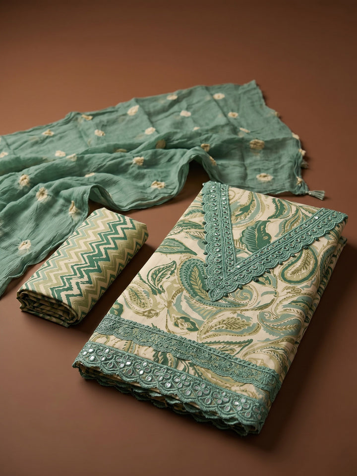 Green Printed Cotton Blend Unstitched Suit &amp; Pant With Cotton Dupatta
