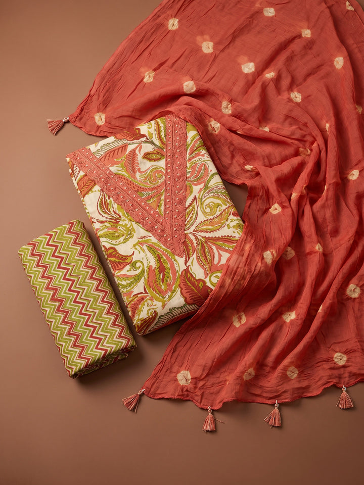 Orange Printed Cotton Blend Unstitched Suit &amp; Pant With Cotton Dupatta