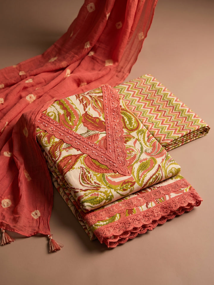 Orange Printed Cotton Blend Unstitched Suit &amp; Pant With Cotton Dupatta