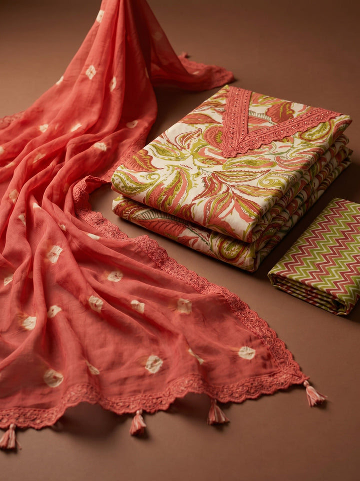 Orange Printed Cotton Blend Unstitched Suit &amp; Pant With Cotton Dupatta