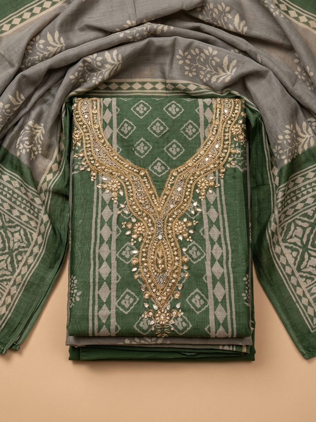 Green Embroidery Chanderi Unstitched Dress Material