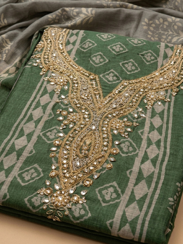 Green Embroidery Chanderi Unstitched Dress Material