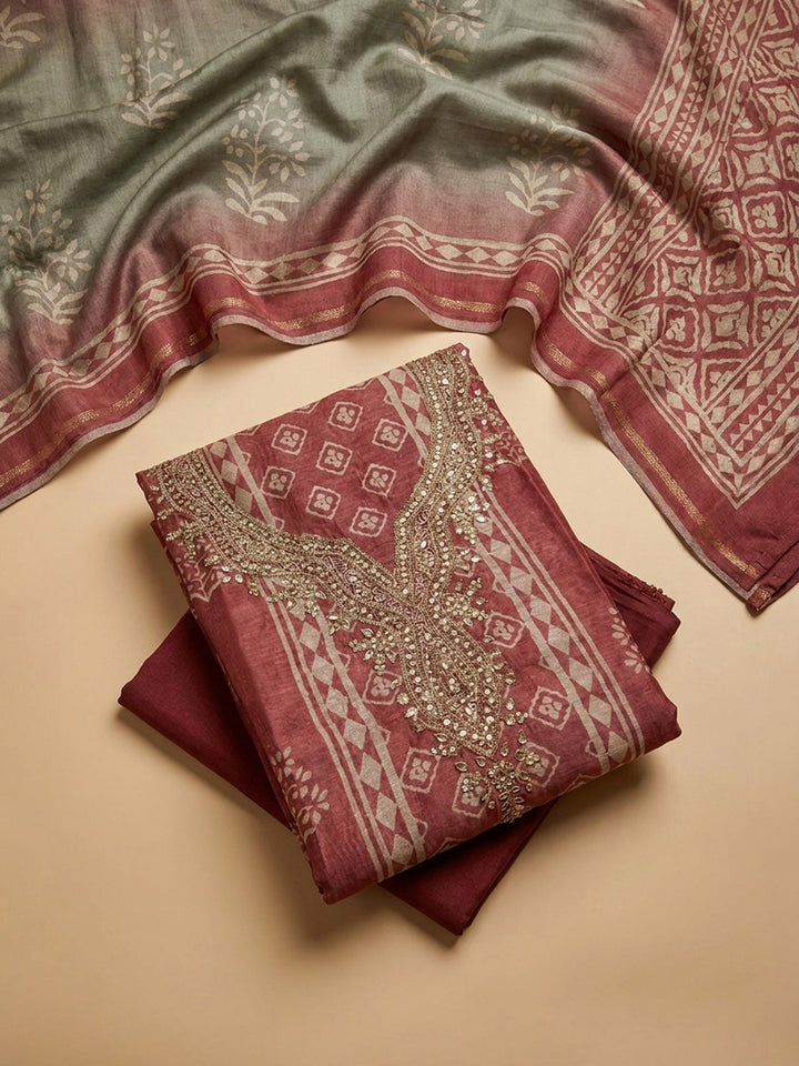 Onion Pink Embroidery Chanderi Unstitched Dress Material