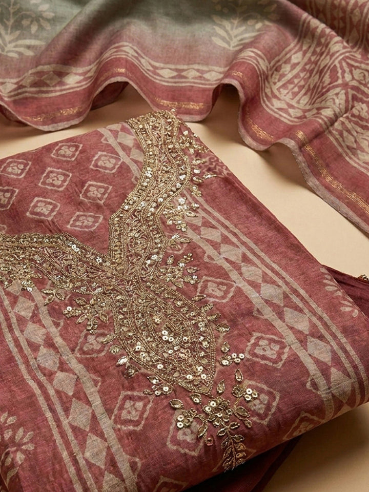 Onion Pink Embroidery Chanderi Unstitched Dress Material