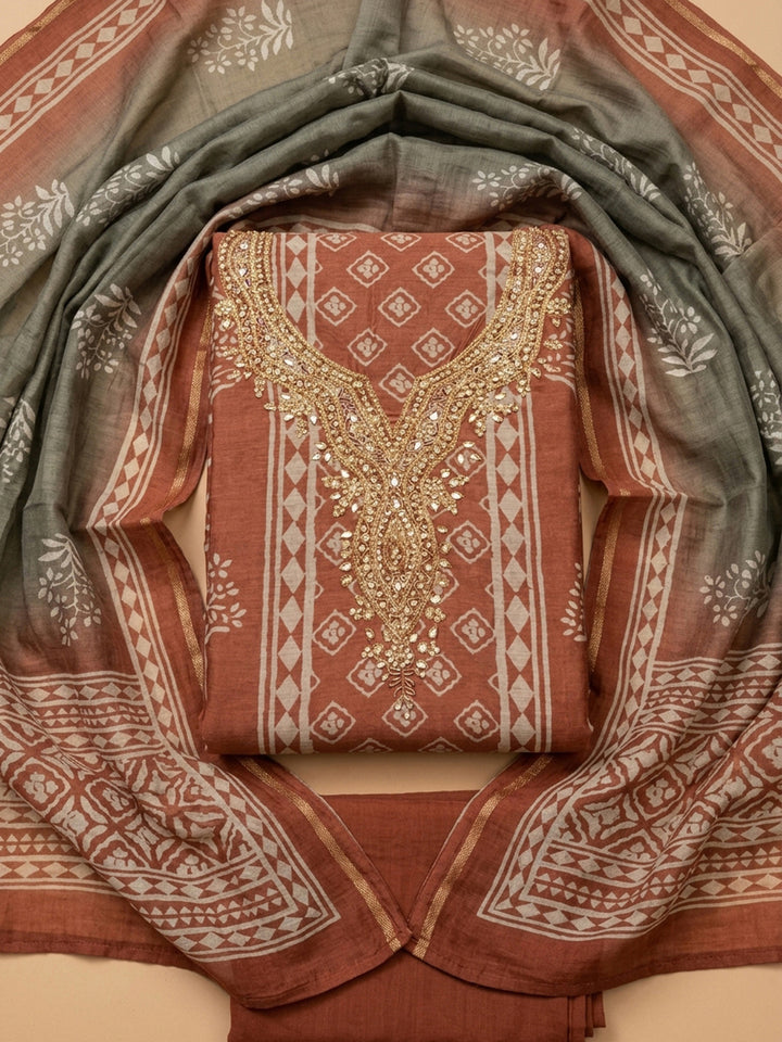 Rust Embroidery Chanderi Unstitched Dress Material