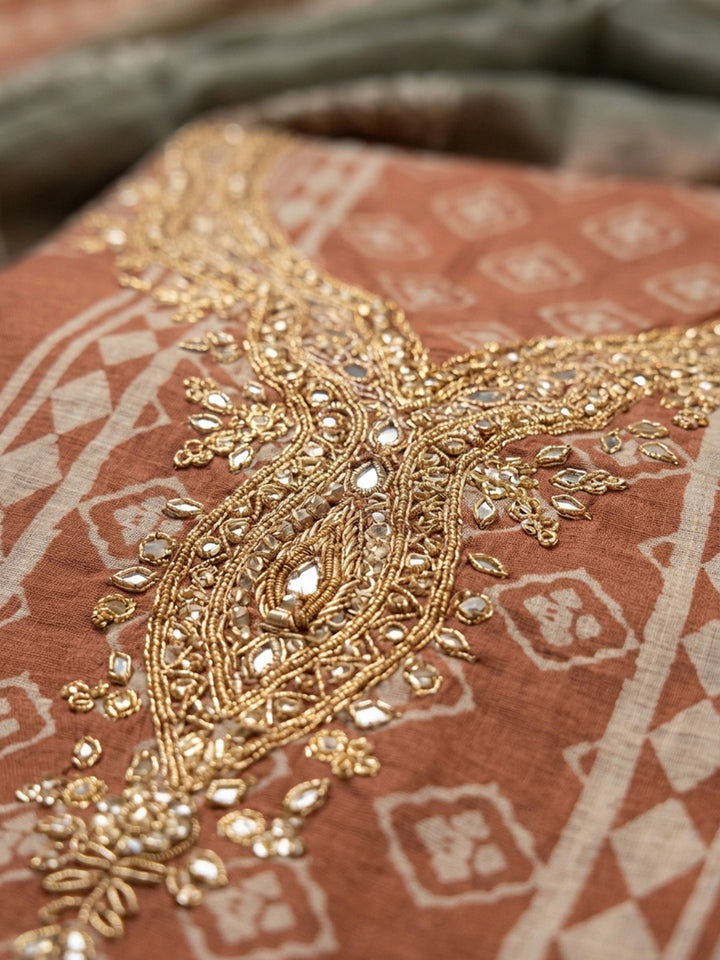 Rust Embroidery Chanderi Unstitched Dress Material