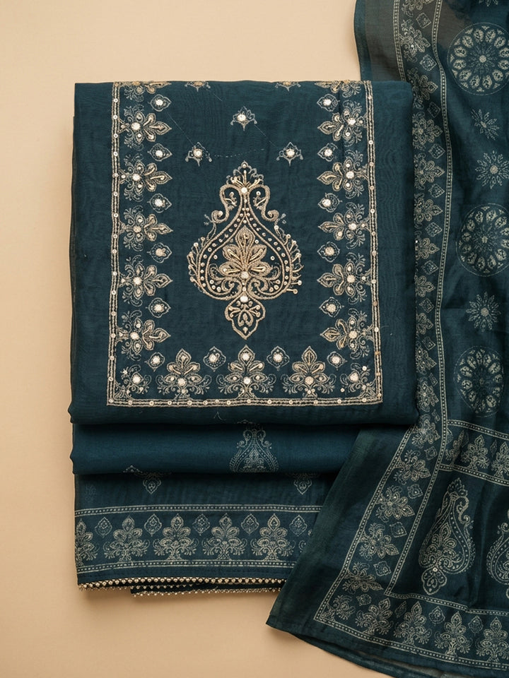 Indigo Printed Chanderi Unstitched Suit &amp; Pant With Chanderi Dupatta