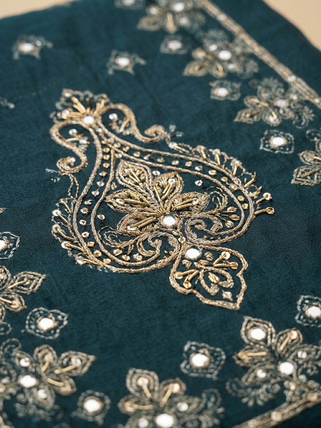 Indigo Printed Chanderi Unstitched Suit &amp; Pant With Chanderi Dupatta