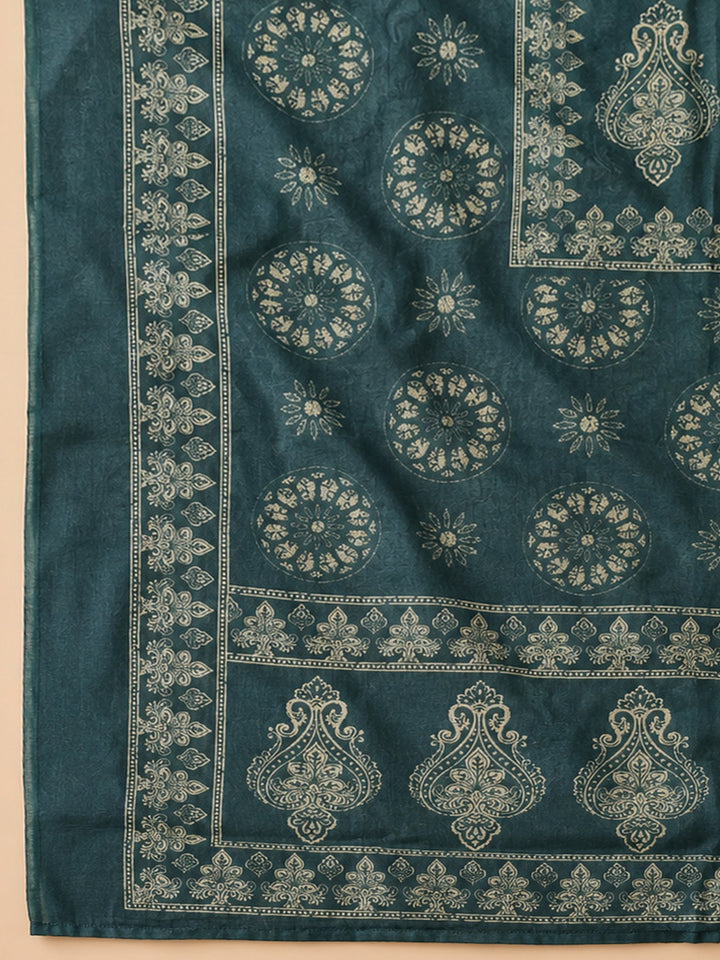 Indigo Printed Chanderi Unstitched Suit &amp; Pant With Chanderi Dupatta