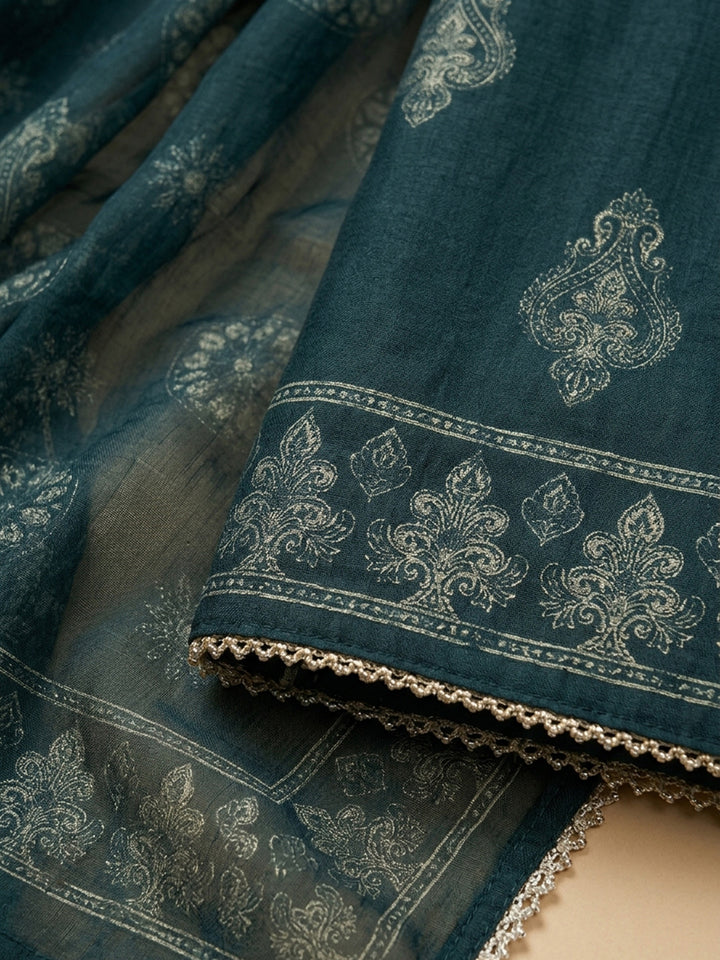 Indigo Printed Chanderi Unstitched Suit &amp; Pant With Chanderi Dupatta