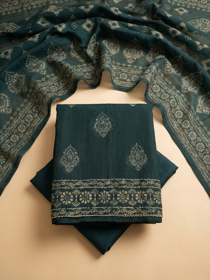 Indigo Printed Chanderi Unstitched Suit &amp; Pant With Chanderi Dupatta