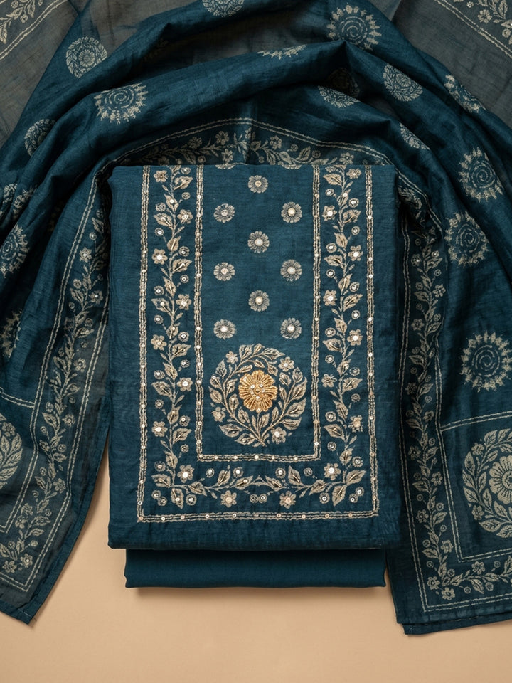 Indigo Printed Chanderi Unstitched Suit &amp; Pant With Chanderi Dupatta