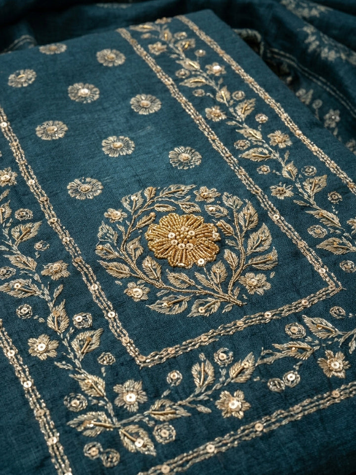 Indigo Printed Chanderi Unstitched Suit &amp; Pant With Chanderi Dupatta