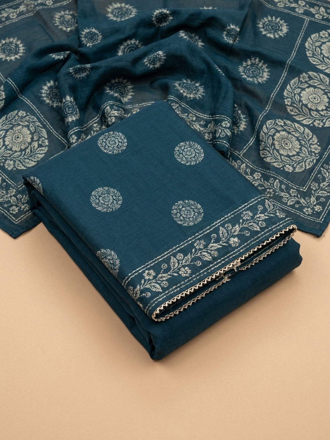 Indigo Printed Chanderi Unstitched Suit &amp; Pant With Chanderi Dupatta