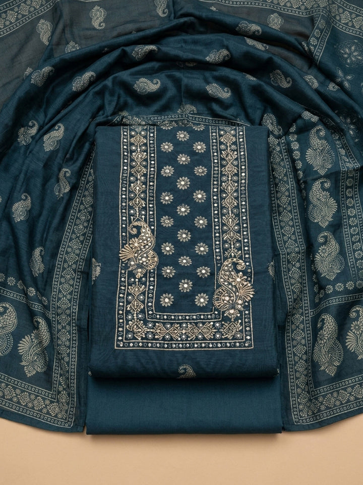 Indigo Printed Chanderi Unstitched Suit &amp; Pant With Chanderi Dupatta