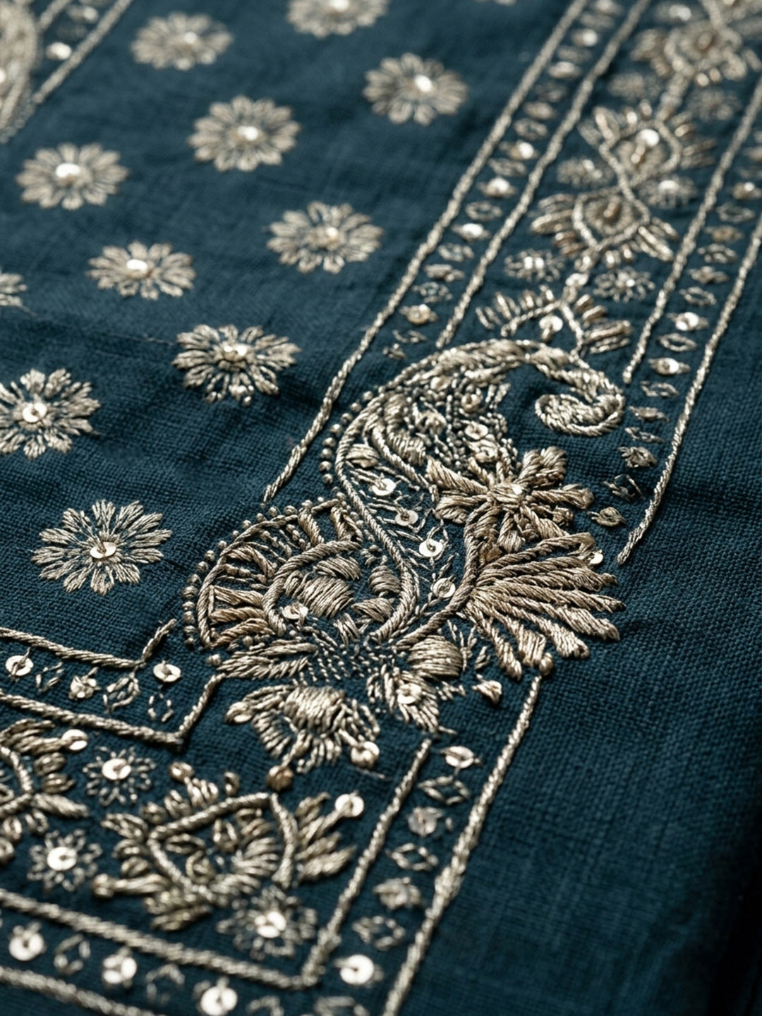 Indigo Printed Chanderi Unstitched Suit &amp; Pant With Chanderi Dupatta