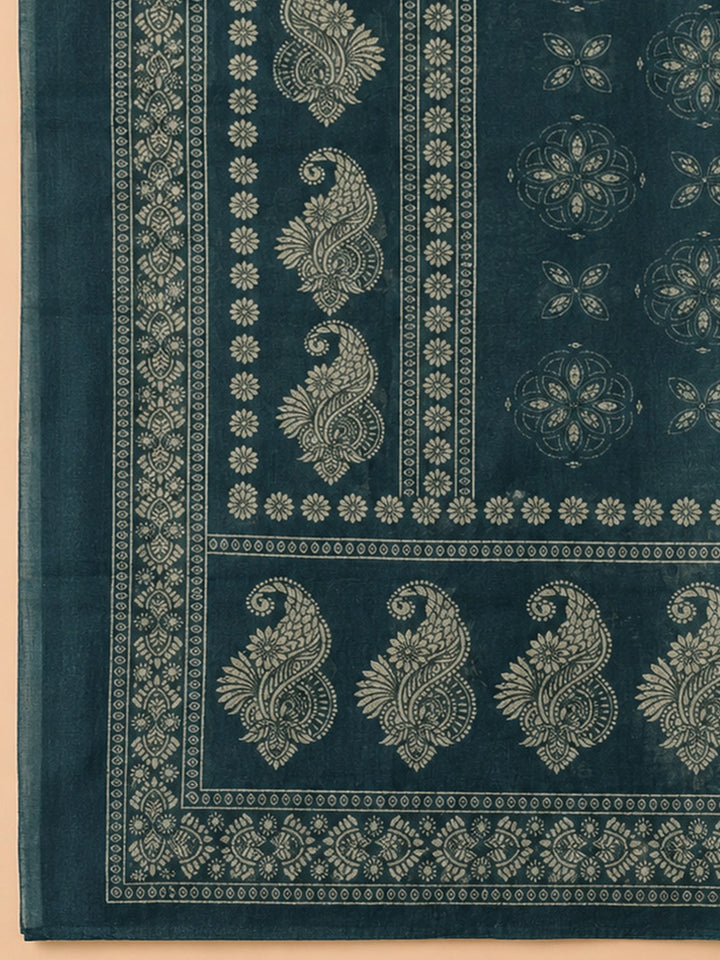 Indigo Printed Chanderi Unstitched Suit &amp; Pant With Chanderi Dupatta