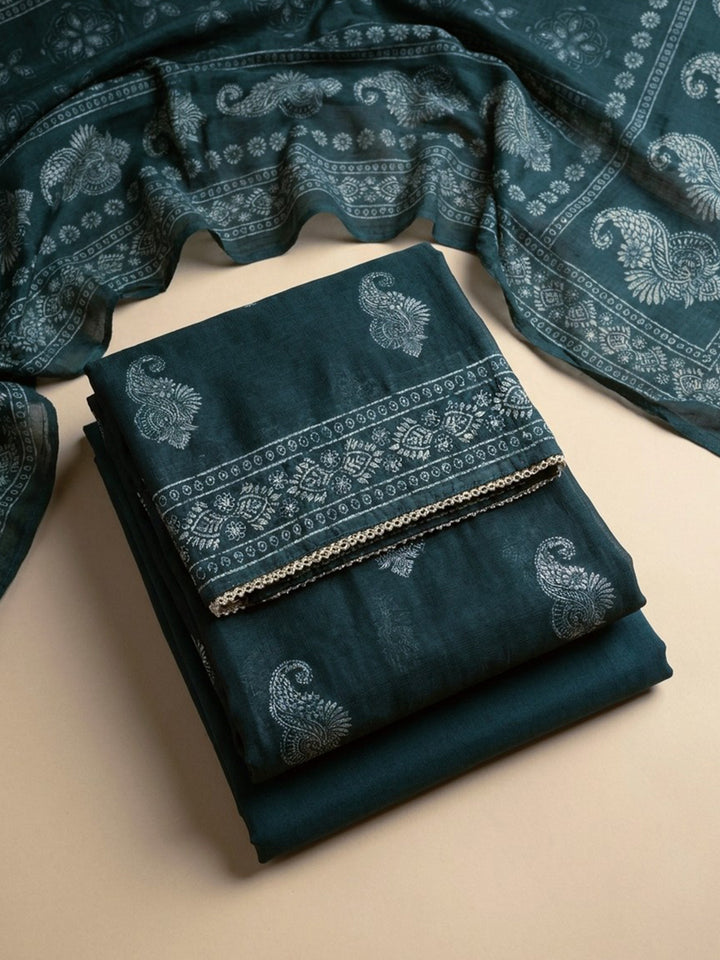 Indigo Printed Chanderi Unstitched Suit &amp; Pant With Chanderi Dupatta