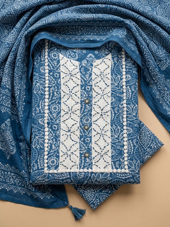 Blue Printed Cotton Blend Unstitched Suit &amp; Pant With Cotton Dupatta