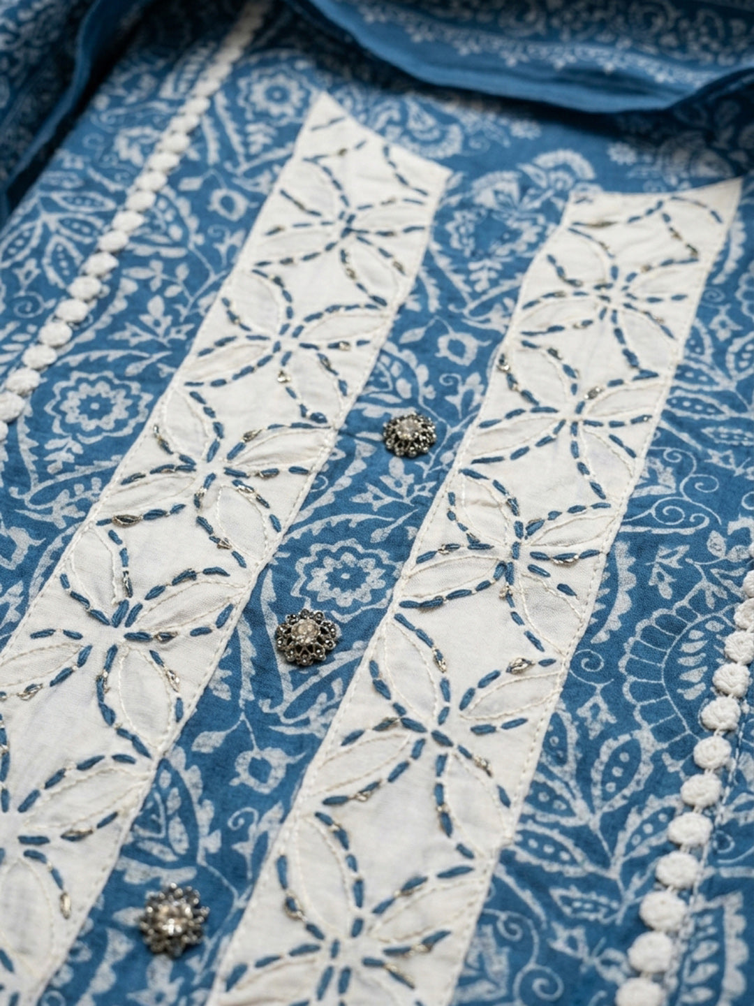 Blue Printed Cotton Blend Unstitched Suit &amp; Pant With Cotton Dupatta