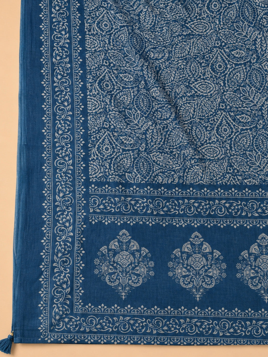 Blue Printed Cotton Blend Unstitched Suit &amp; Pant With Cotton Dupatta