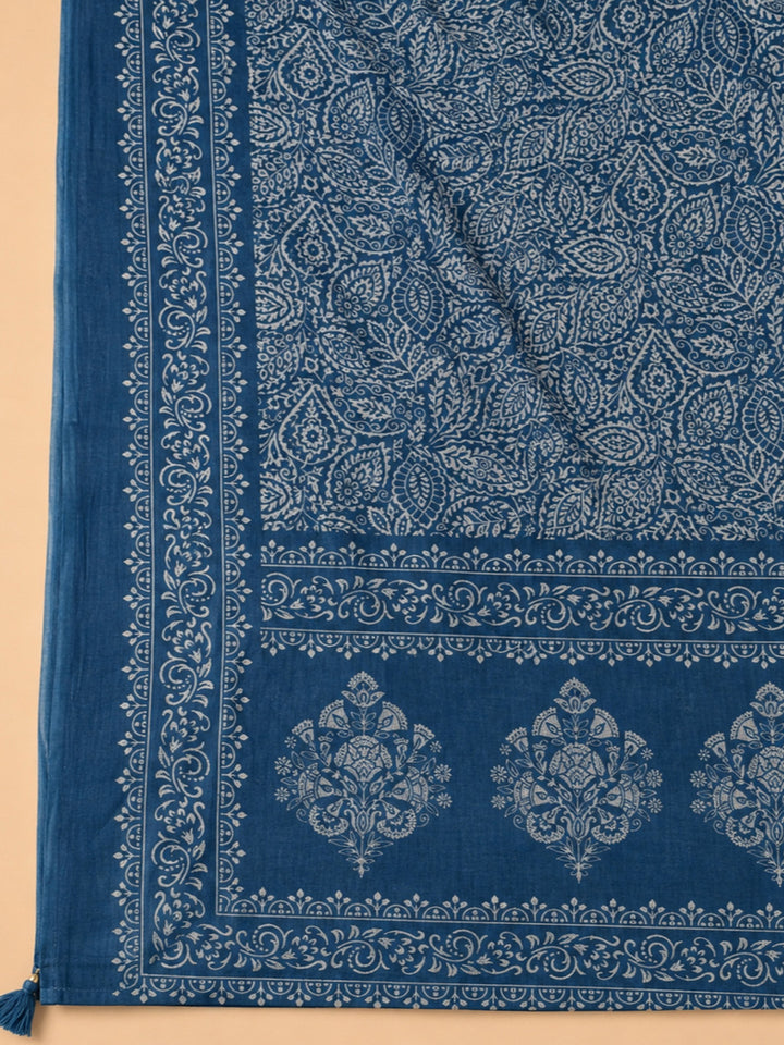 Blue Printed Cotton Blend Unstitched Suit &amp; Pant With Cotton Dupatta