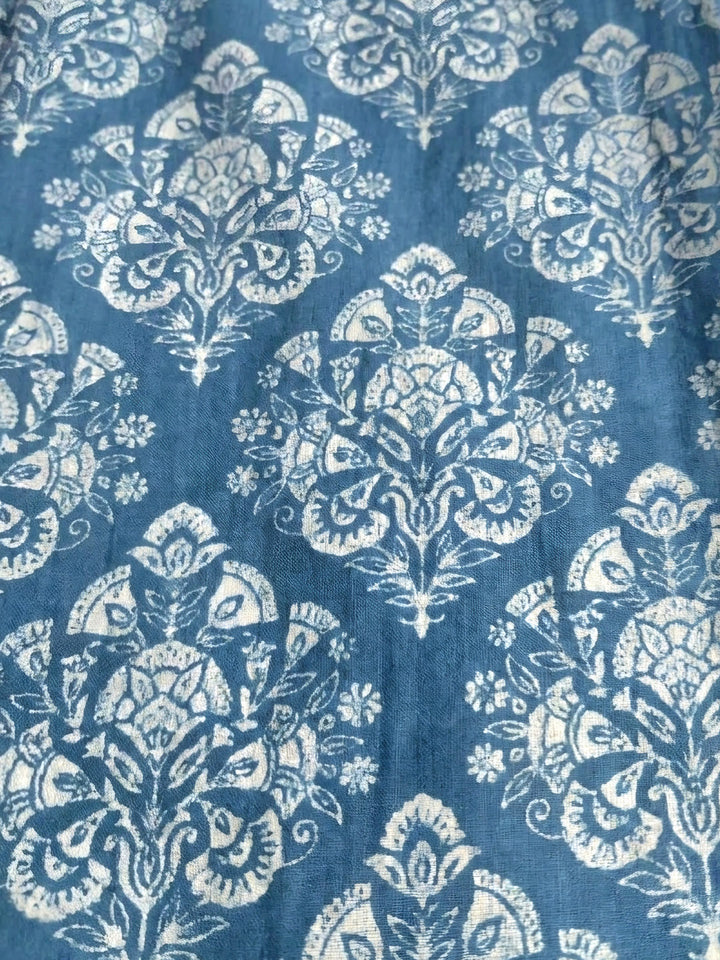 Blue Printed Cotton Blend Unstitched Suit &amp; Pant With Cotton Dupatta