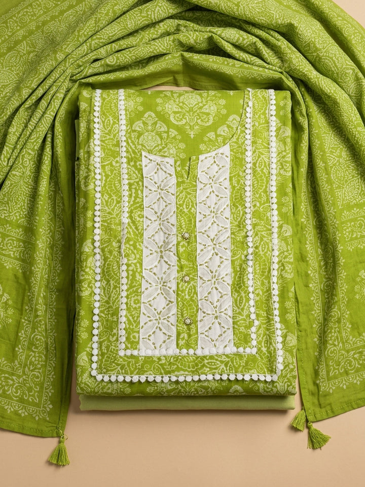 Mehndi Printed Cotton Blend Unstitched Suit &amp; Pant With Cotton Dupatta
