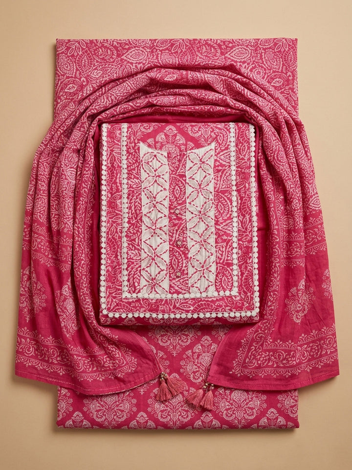 Pink Printed Cotton Blend Unstitched Suit &amp; Pant With Cotton Dupatta