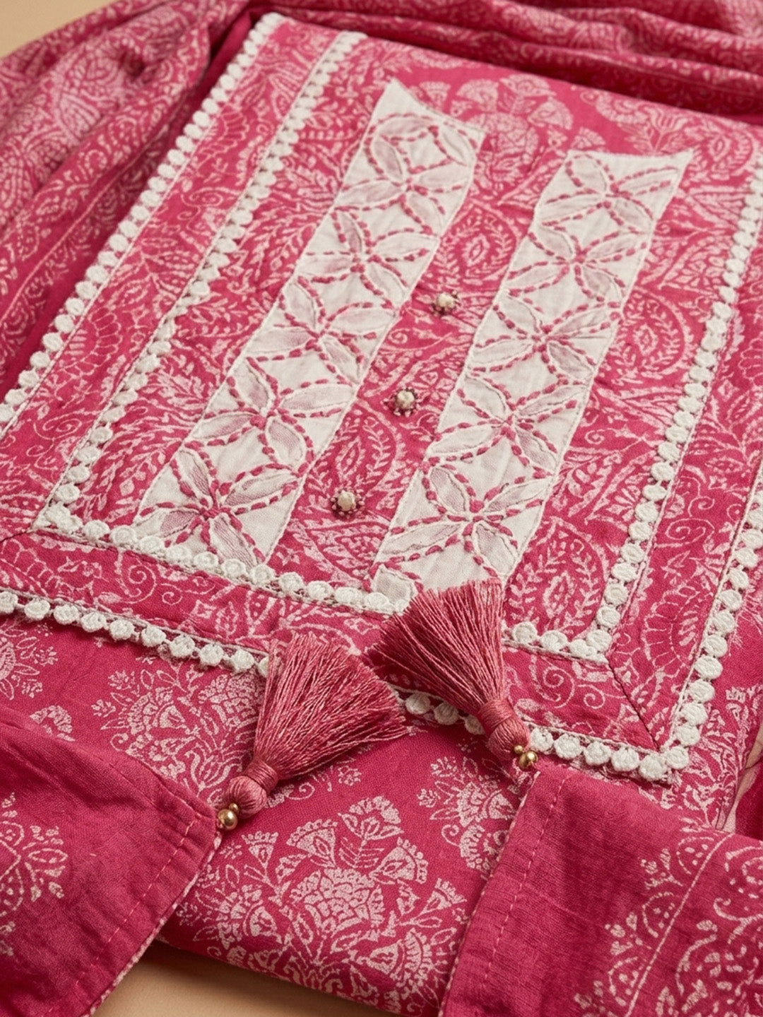 Pink Printed Cotton Blend Unstitched Suit &amp; Pant With Cotton Dupatta