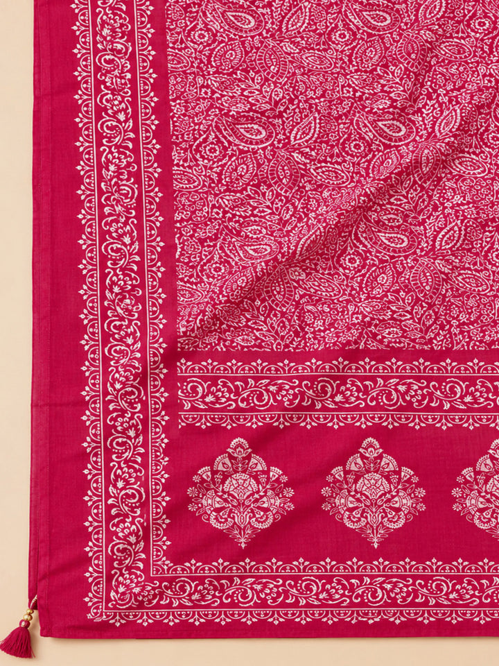 Pink Printed Cotton Blend Unstitched Suit &amp; Pant With Cotton Dupatta