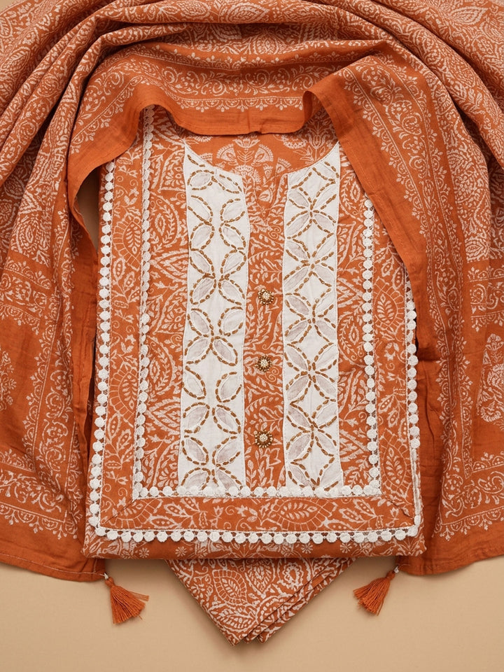 Rust Printed Cotton Blend Unstitched Suit &amp; Pant With Cotton Dupatta