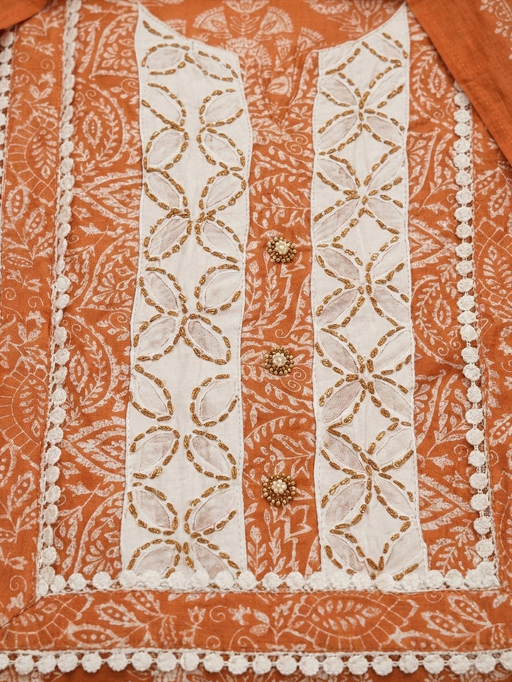 Rust Printed Cotton Blend Unstitched Suit &amp; Pant With Cotton Dupatta