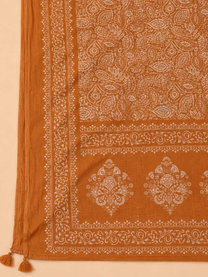 Rust Printed Cotton Blend Unstitched Suit &amp; Pant With Cotton Dupatta