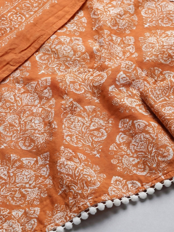 Rust Printed Cotton Blend Unstitched Suit &amp; Pant With Cotton Dupatta
