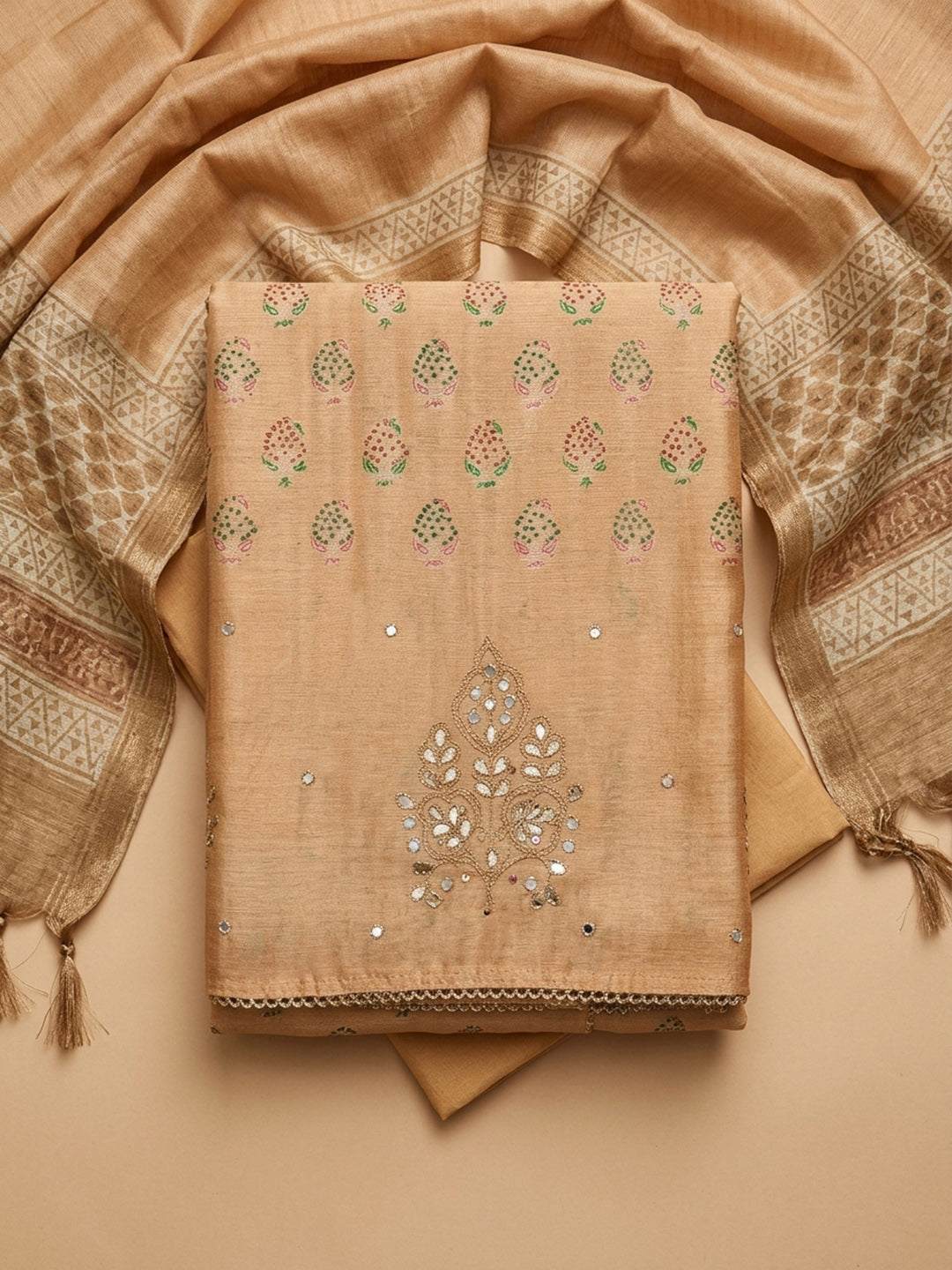 Beige Printed Chanderi Unstitched Dress Material