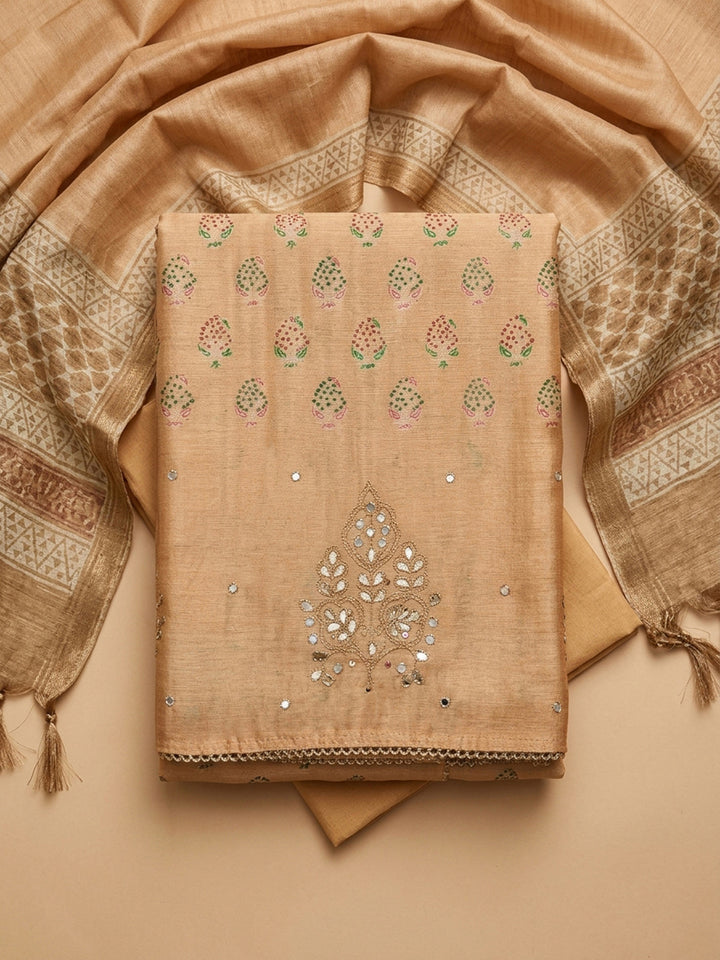Beige Printed Chanderi Unstitched Dress Material