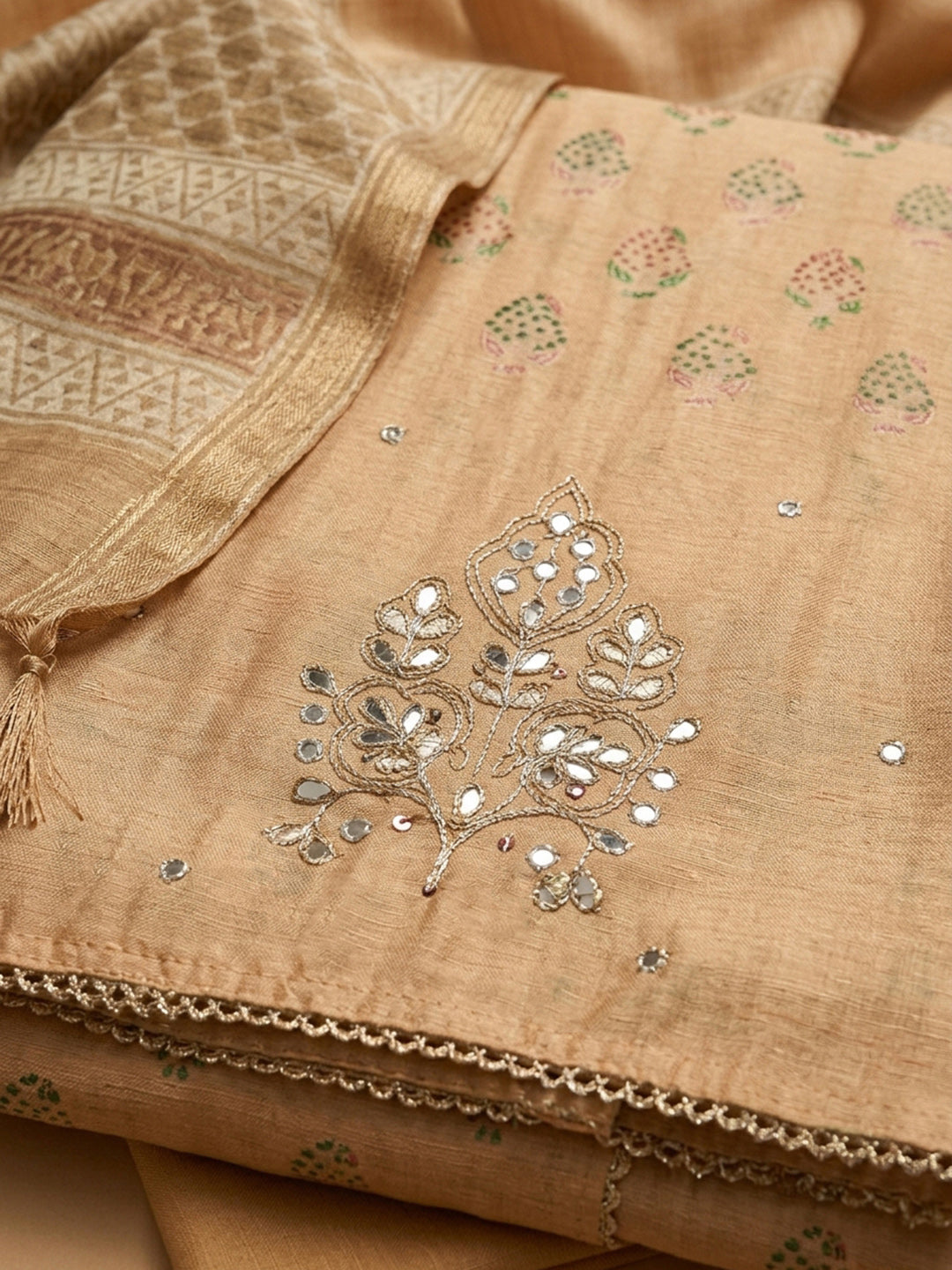 Beige Printed Chanderi Unstitched Dress Material