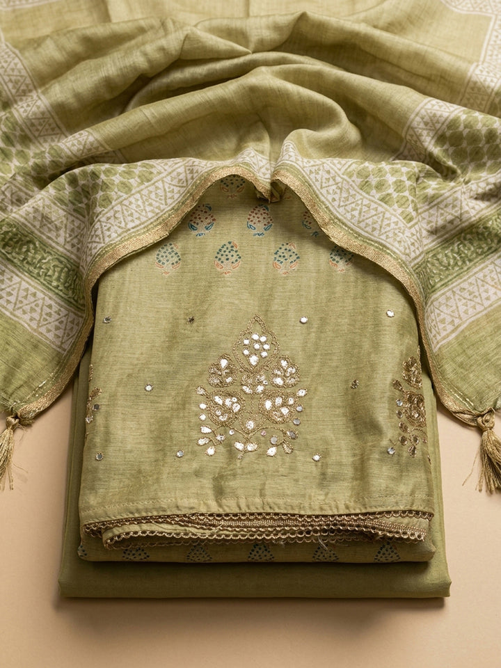 Green Printed Chanderi Unstitched Dress Material