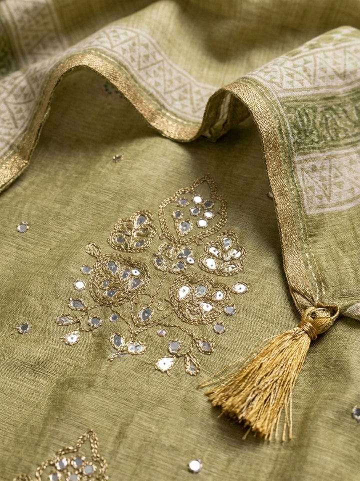 Green Printed Chanderi Unstitched Dress Material