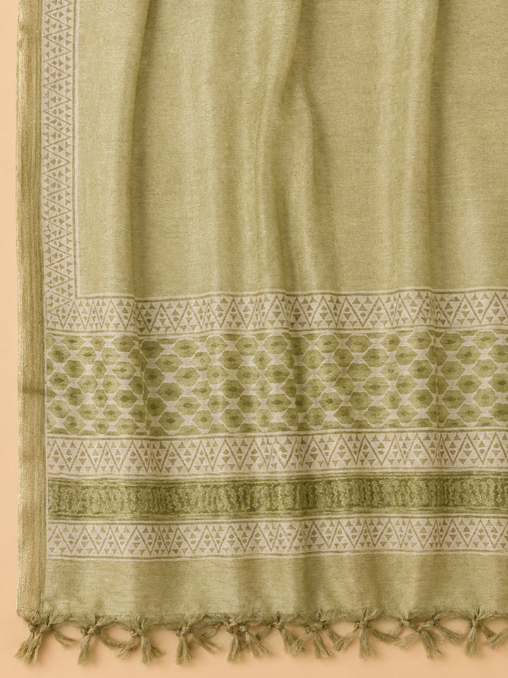 Green Printed Chanderi Unstitched Dress Material