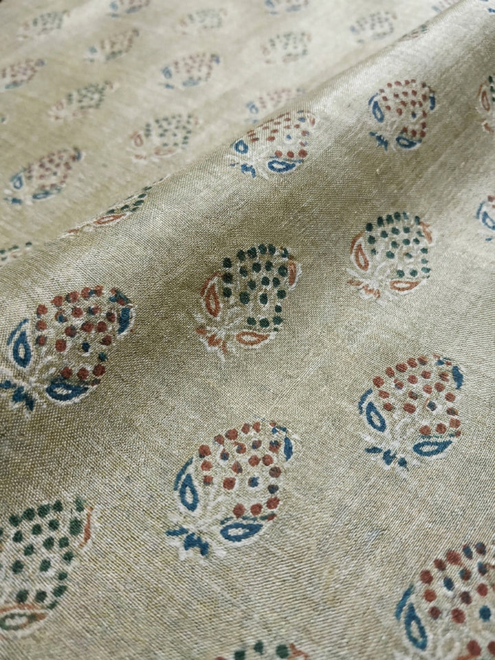 Green Printed Chanderi Unstitched Dress Material
