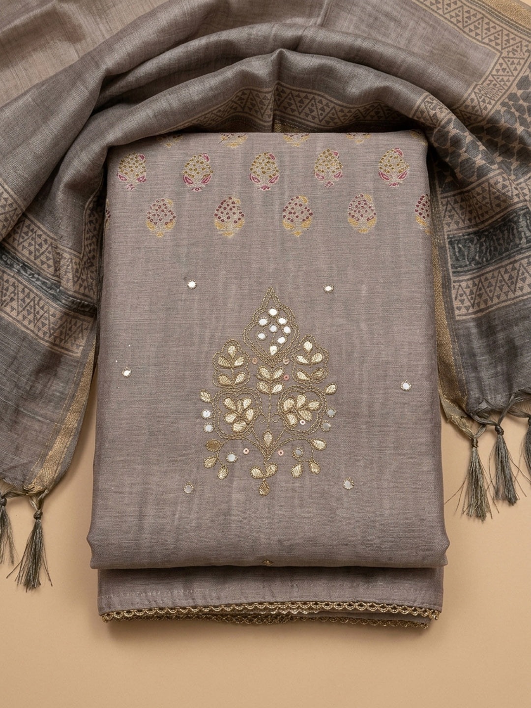Grey Printed Chanderi Unstitched Dress Material