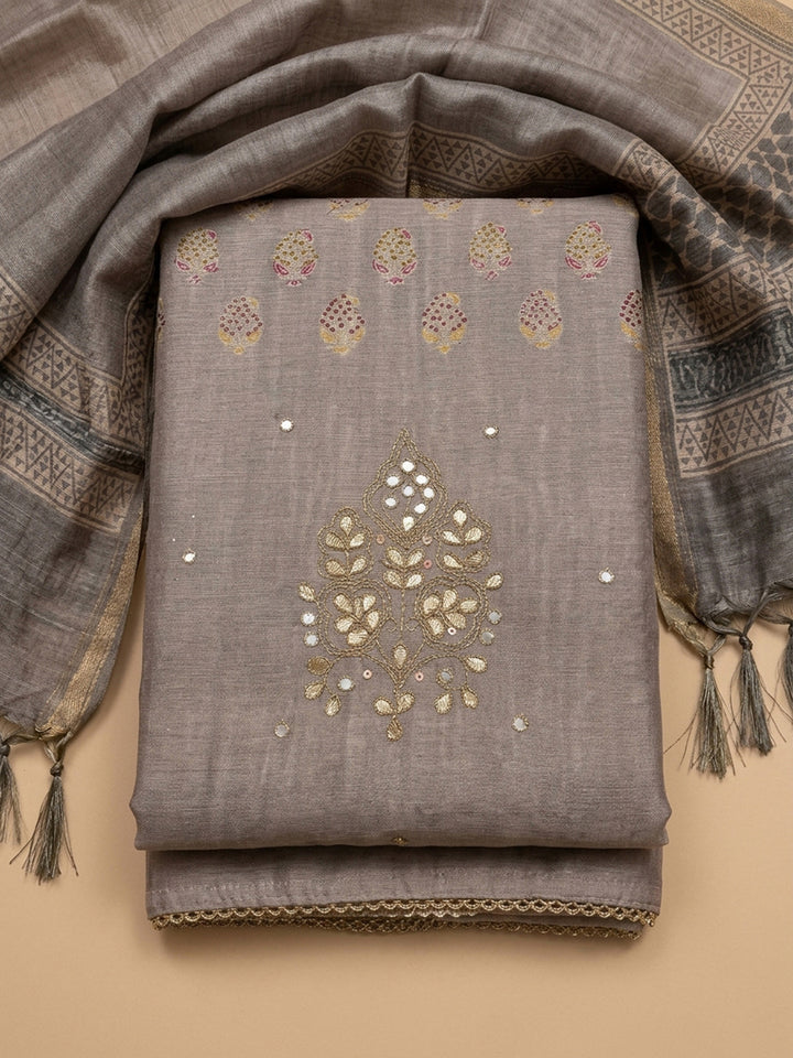 Grey Printed Chanderi Unstitched Dress Material