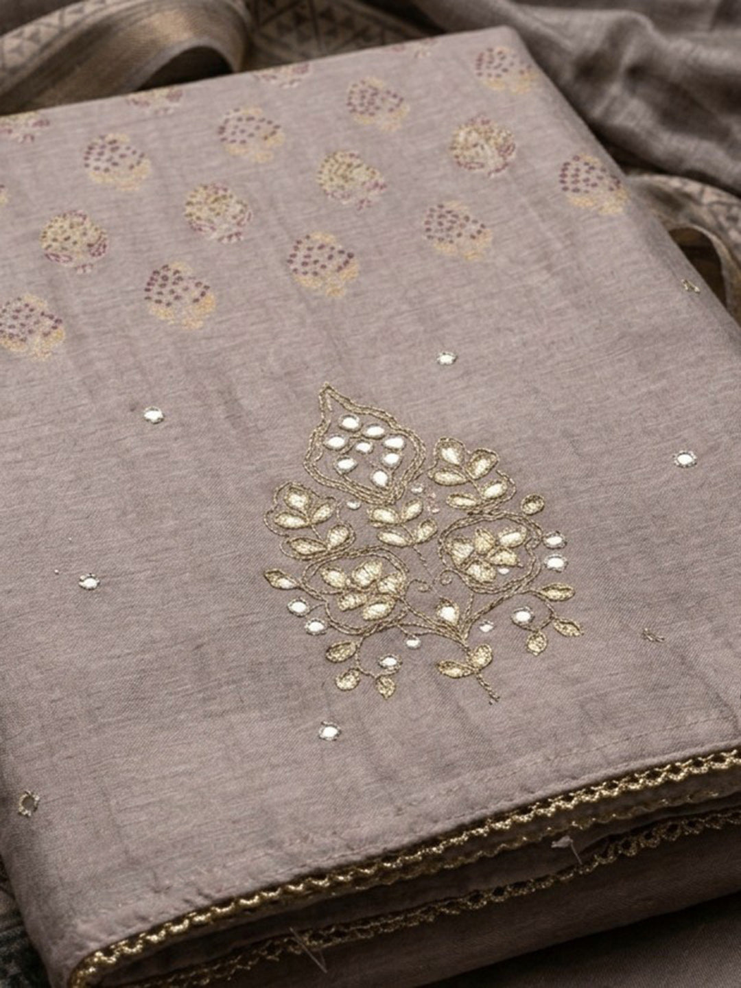 Grey Printed Chanderi Unstitched Dress Material