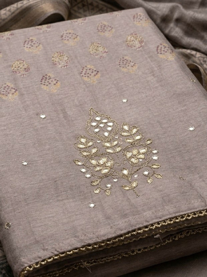 Grey Printed Chanderi Unstitched Dress Material